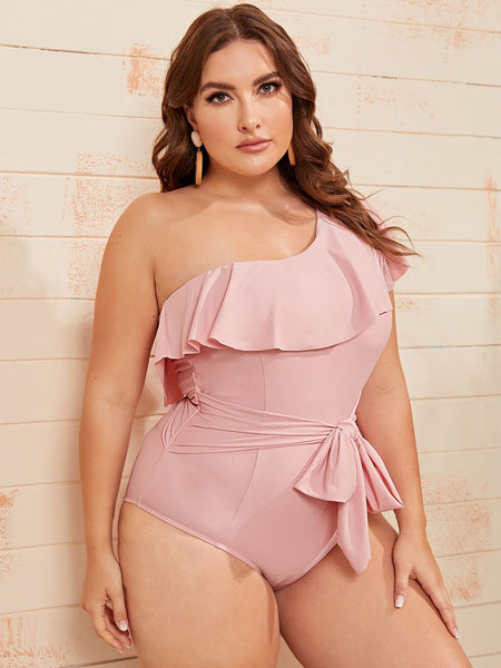 Plus Ruffle Tie Front One Piece Swimsuit